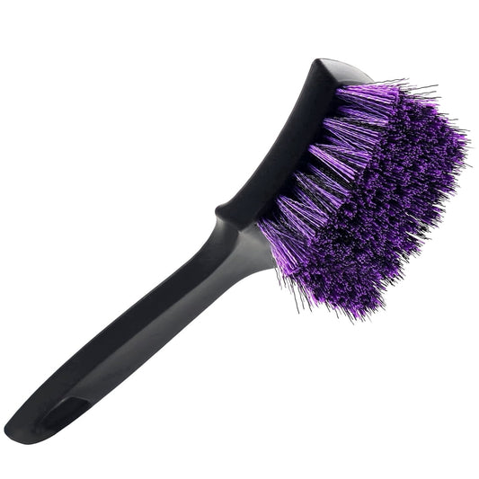 Curved Tire Scrub Brush, Stiff Bristle Sidewall Cleaning Tool with Ergonomic Grip, Black & Purple  product photo