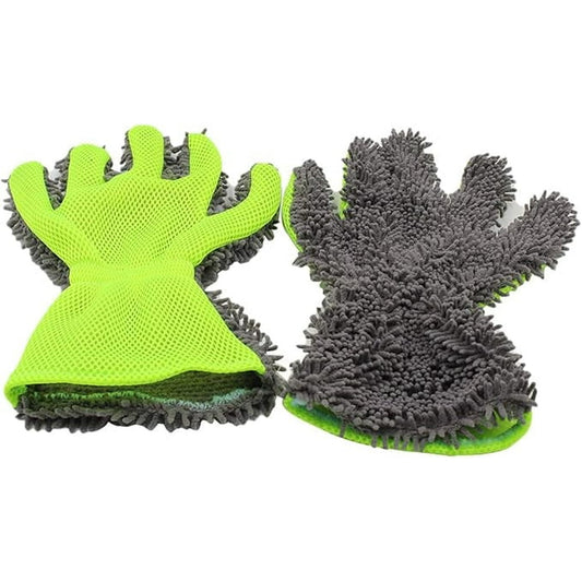 Microfiber Chenille Cleaning Mitt, 2-Pack Five-Finger Glove for Streak-Free Glass and Detailing, Green and Gray  product photo