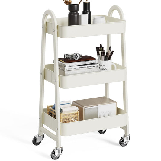 3-Tier Rolling Utility Cart with Lockable Wheels, Cream Metal Mobile Storage Trolley  product photo